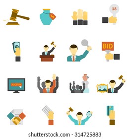 Auction icons set with hammer hands and money flat isolated vector illustration 