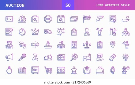 Auction icons set with line gradient style. Icon hammer, price, bidding, judge, painting, deal and more. Can be used for digital product, presentation, print design and more.