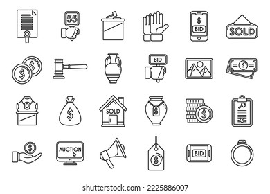 Auction icons set outline vector. Online charity. Internet property