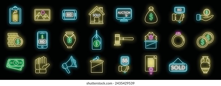 Auction icons set outline vector. Online charity. Internet property neon isolated