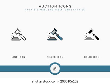 Auction icons set vector illustration with solid icon line style. Bid deal act concept. Editable stroke icon on isolated background for web design, user interface, and mobile application