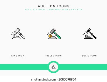 Auction icons set vector illustration with solid icon line style. Bid deal act concept. Editable stroke icon on isolated background for web design, user interface, and mobile application