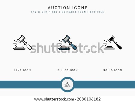 Auction icons set vector illustration with solid icon line style. Bid deal act concept. Editable stroke icon on isolated background for web design, user interface, and mobile application