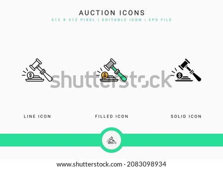 Auction icons set vector illustration with solid icon line style. Bid deal act concept. Editable stroke icon on isolated background for web design, user interface, and mobile application