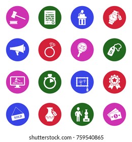 Auction Icons. White Flat Design In Circle. Vector Illustration. 