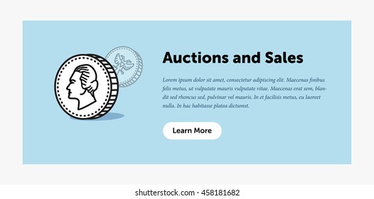 Auction illustration. Old ancient coin. Announcement about new bids. Web banner. Flat style design