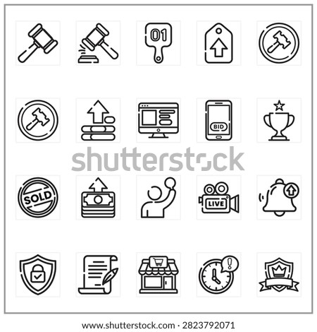 Auction industry icons for commerce, bidding, finance, and business. Suitable for auction websites, financial presentations, and businessrelated designs.