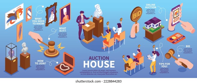 Auction infographic set with bid tips symbols isometric vector illustration