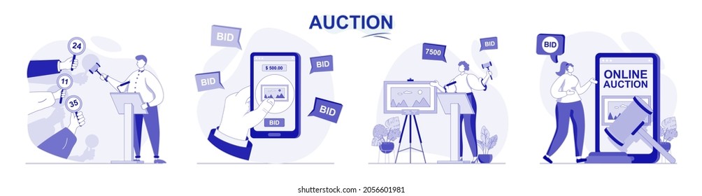 Auction isolated set in flat design. People selling and buying painting art, buyers bidding lots collection of scenes. Vector illustration for blogging, website, mobile app, promotional materials.