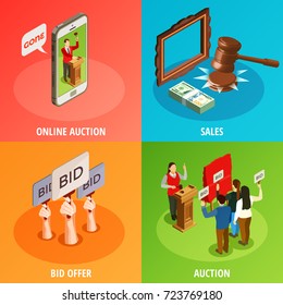 Auction isometric 2x2 design concept with images of human hands holding auction paddles and smartphone online application vector illustration