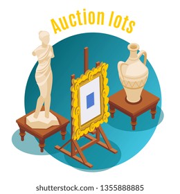 Auction isometric and colored background auction lots headline and round shape emblem vector illustration