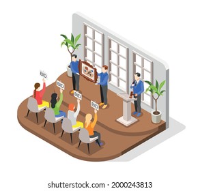 Auction isometric composition with indoor scenery and bidders looking at expensive painting held by auctioneer characters vector illustration
