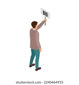 Composición isométrica de subasta con carácter humano aislado del participante licitante en ilustración vectorial de fondo en blanco