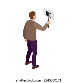 Auction isometric composition with isolated human character of bidding participant on blank background vector illustration