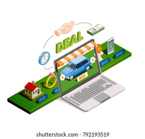 Auction isometric composition with laptop computer screen and images of items put up for online auction vector illustration