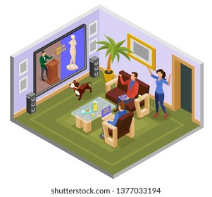 Auction isometric composition with man on the couch at home watch auction online vector illustration