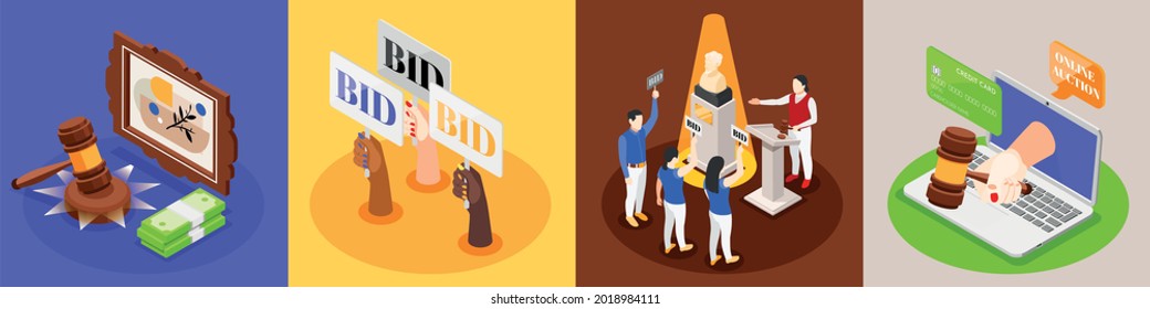 Auction isometric composition with set of square backgrounds icons of gavel bidders money and valuable items vector illustration