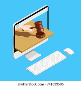 Auction isometric conceptual composition with desktop computer and human hand with hammer in display screen vector illustration