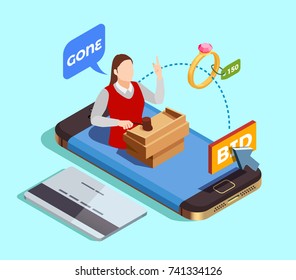 Auction isometric conceptual composition with smartphone and credit card images and faceless female character of auctioneer vector illustration