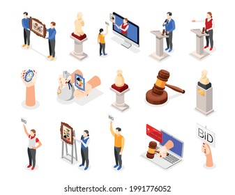 Auction isometric icon set different attributes of auction and staff making sure all it works properly vector illustration