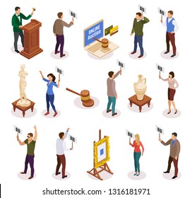 Auction isometric and isolated icon set with people with nameplate in their hands vector illustration