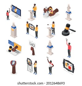 Auction isometric recolor set of isolated icons with images of valuable items with characters of bidders vector illustration
