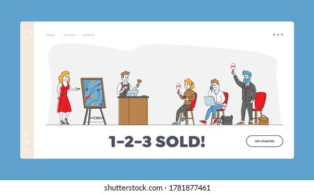 Auction Landing Page Template. Collectors Buying Assets and Masterpieces. Characters Hold Laptop and Rising Bid Boards. Auctioneer with Gavel on Tribune Sell Things. Linear People Vector Illustration