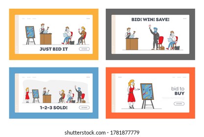 Auction Landing Page Template Set. Collectors Buy Assets and Masterpieces. Characters Hold Laptop and Rising Bid Boards. Auctioneer with Gavel on Tribune Sell Things. Linear People Vector Illustration