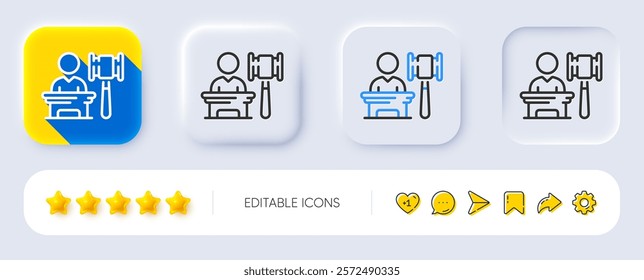 Auction line icon. Neumorphic, Flat shadow, 3d buttons. Bid offer sign. Act hammer deal symbol. Line auction icon. Social media icons. Vector