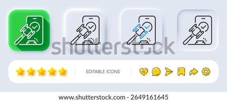 Auction line icon. Neumorphic, Flat shadow, 3d buttons. Bid offer sign. Act hammer deal symbol. Line auction icon. Social media icons. Vector