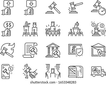 Auction line icon set. Included icons as hammer, price, bidding, judge, auction hammer, painting, deal and more.