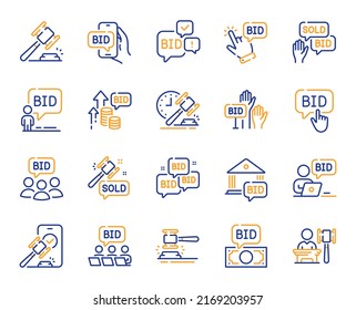 Symbole der Auktionslinie. Deal hammer, bieten Angebot und Recht Justiz Akt gesetzt. Richtige Handtuch-, Abstimmung Hand und Gebot-Preislinie Symbole. Gewinnen Sie viel, Online-Auktion und handeln Sie Hammer. Börsengeschäft. Vektorgrafik