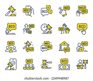 Auction line icons. Deal hammer, bid offer and law justice act set. Judge gawel, vote hand and bid price line icons. Win a lot, online auction and act hammer. Stock exchange deal. Vector