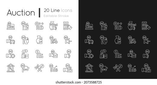 Iconos lineales de subasta establecidos para el modo oscuro y claro. Negociación competitiva. Licitación por artículo. Ventas públicas. Símbolos de línea delgada personalizables. Ilustraciones aisladas del contorno vectorial. Trazo editable