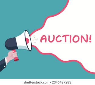 
Auction - Male hand holding megaphone. Loudspeaker. Banner for business, marketing and advertising. Vector illustration