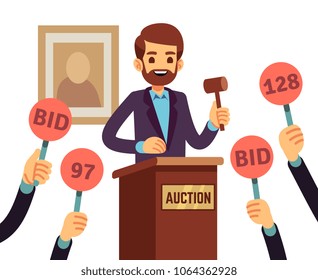 Auction With Man Holding Gavel And People Raised Hands With Bid Paddles Vector Concept. Auction Business, Bid And Sale, Trade Commercial Illustration