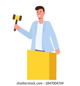Subasta con un hombre sosteniendo un martillo. Ilustración vectorial.
