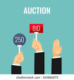 Auction meeting and hands holding paddles with number and BID inscriptions. Vector illustration of buying things on auction by rising special paddle and offering sum. Business bidding process