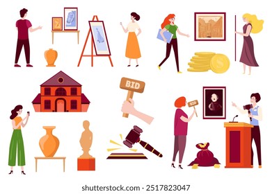 Auction mega set elements in flat graphic design. Bundle objects of buyers bidding, art paintings, vases and sculptures sell in gallery or museum, hammer, money cash and other. Vector illustration.