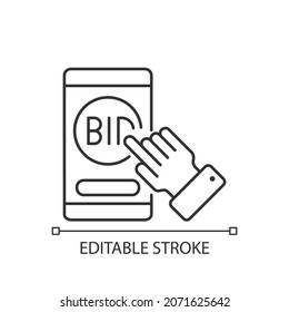 Auction mobile app linear icon. Smartphone software. Bidding competition application. E commerce. Thin line customizable illustration. Contour symbol. Vector isolated outline drawing. Editable stroke