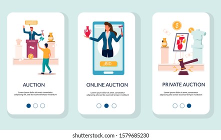 Auction mobile app onboarding screens. Menu banner vector template for website and application development. Private and online auction of antique vase with male, female characters auctioneer and buyer