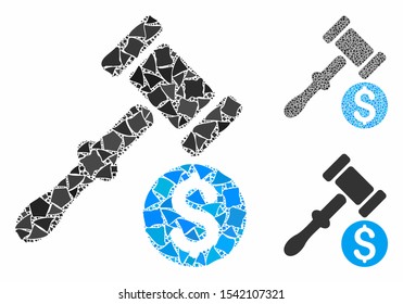 Auction mosaic of inequal elements in different sizes and color hues, based on auction icon. Vector irregular elements are composed into collage. Auction icons collage with dotted pattern.