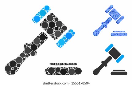 Auction mosaic of spheric dots in different sizes and shades, based on auction icon. Vector dots are united into blue mosaic. Dotted auction icon in usual and blue versions.