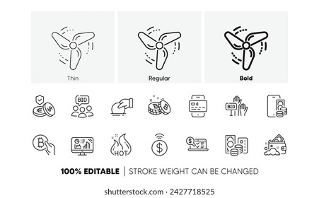 Auction, Online accounting and Bid offer line icons. Pack of Wind energy, Bitcoin pay, Card icon. Launder money, Contactless payment, Analytics graph pictogram. Phone pay, Bitcoin, Donate. Vector