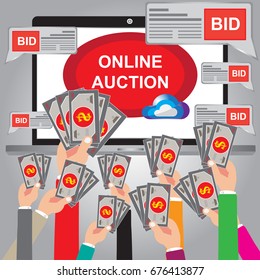 Auction Online concept with web site in a laptop - Hand holding moneys for bid online with web site - Auction of concept