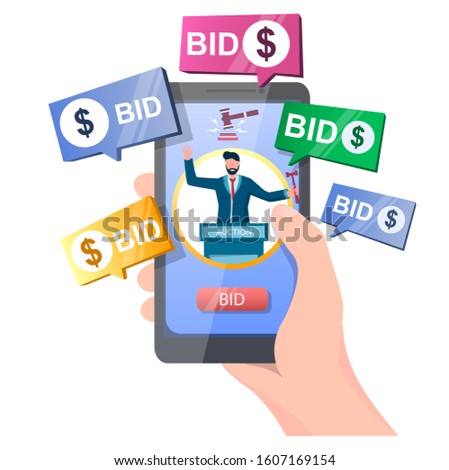 Auction online, vector illustration. Hand holding smartphone with auctioneer, gavel, bid button on screen and bidder messages. Auction and mobile bidding concept for web banner, website page etc.