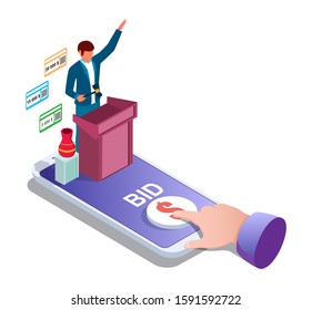 Auction online, vector illustration. Isometric smartphone, auctioneer and finger tapping bid button on screen. Auction and internet bidding from mobile phone concept for web banner, website page etc.