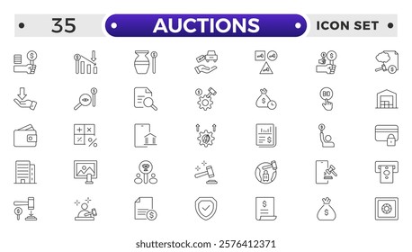 Auction outline icon hammer sell document judge illustration price deal. Bid auction vector tender justice sale commercial concept.
