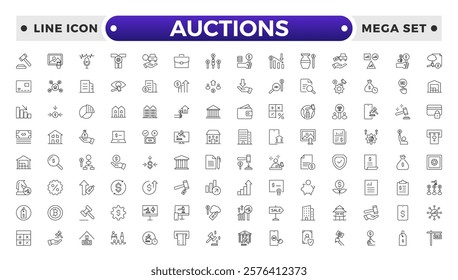 Auction outline icon hammer sell document judge illustration price deal. Bid auction vector tender justice sale commercial concept.
