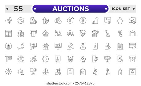 Auction outline icon hammer sell document judge illustration price deal. Bid auction vector tender justice sale commercial concept.
